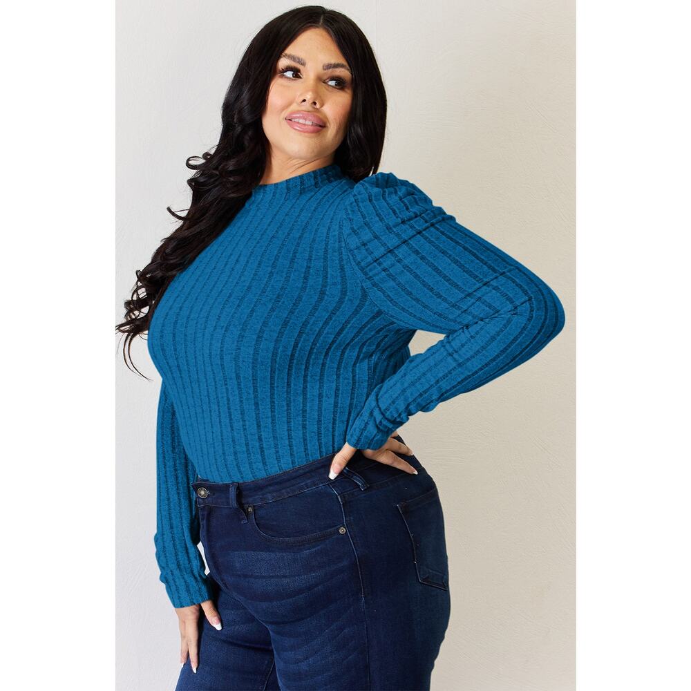 BASIC BAE Plus Blue Ribbed Mock Turtleneck Puff S… - image 6